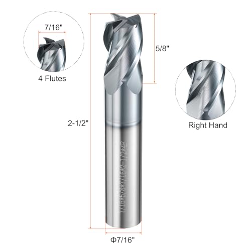 Image of HARFINGTON Carbide Square Nose End Mill Bit 7 /16 inch Cut Dia 4 Flutes TiAlN Coated Milling Cutter for Hardened Steel Metal (7 /16 inch Shank 5 /8 inch Cut Length 2-1 /2 inch Long 30 Degree Helix HRC53-55)