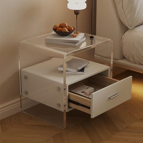 Modern Acrylic Nightstand with Drawer - Transparent Bedside Table for Bedroom & Living Room, Clear Design Ideal for Small Spaces, Light Gray Finish