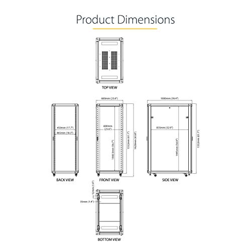 Image of StarTech 32U Enterprise-Grade Server Rack Cabinet, 19in Enclosed 4-Post Rack with 33in (83cm) Mounting Depth and 1764lb (800kg) Weight Capacity | 19in enclosed enterprise steel rack, Adjustable depth 5.7in-33in, Lockable vented doors, Casters & feet