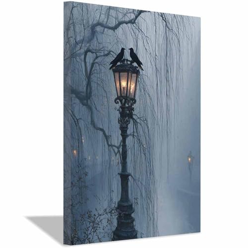 Impression sur toile peinture effrayante lanterne du corbeau brume gris clair 70x100cm