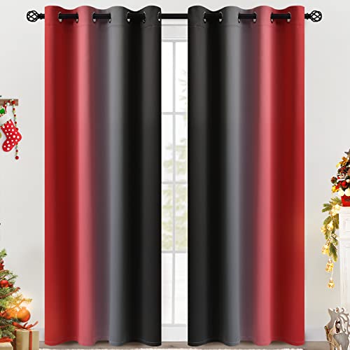COSVIYA Grommet Ombre Room Darkening Curtains 84 inches Length for Living Room Light Blocking Red and Black Gradient Window Drapes/Curtains for Bedroom 2 Panels 52x84inches