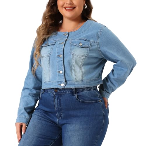 Agnes Orinda Plus Size Denim Jackets for Women Collarless Chest Pockets Button Down Crop Jean Jackets2