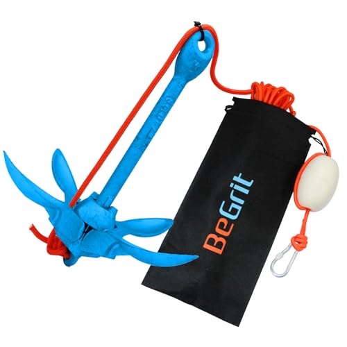 BeGrit Kit Anclaje Plegable de Barco 1.5KG Ancla Kayak Moto de Agua Acero al Carbono Foldable Anchor con Bolsa de Transporte e Cuerda de Remolque DE 10 m para Sup Paddle Board Canoa Jet, Azul