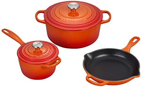 Le Creuset Signature Flame Enameled Cast Iron 5 Piece Cookware Set with Stainless Steel Knobs Le Creuset Signature Flame Enameled Cast Iron 5 Piece Cookware Set with Stainless Steel Knobs
