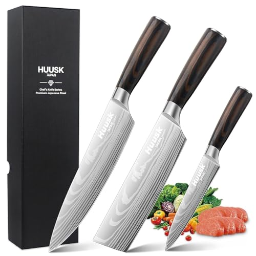 Huusk Chef Knife Set Japanese, Professional Kitchen Knife Set, Ultra Sharp Cooking Knives Sets with Wood Handle for Home, Outdoor Camping BBQ, Gift for Men and Women