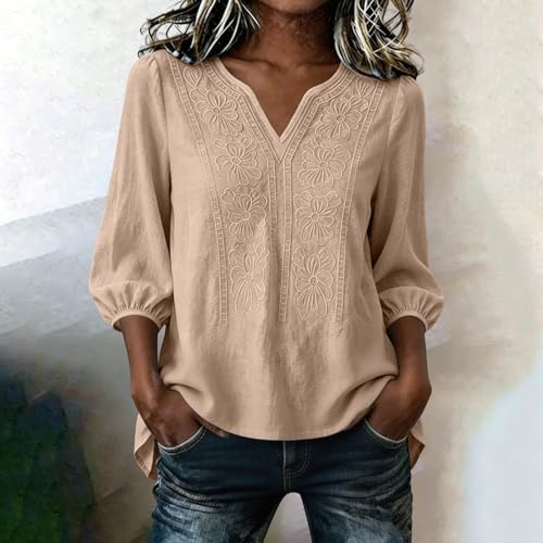 Boho Tops for Women Dressy 3/4 Sleeve Shirts Casual Loose V-Neck Low Hem Linen Embroidered Blouse Boho Blouses for Women Khaki S - image 5