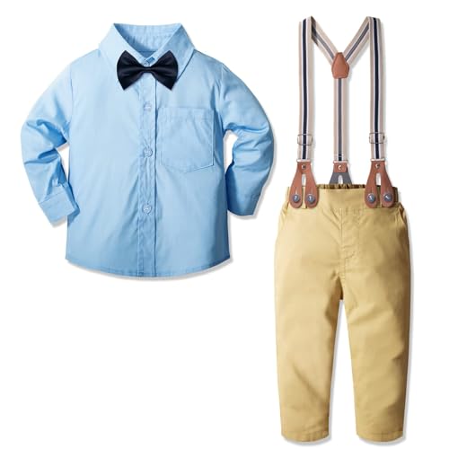 Yilaku Abito Bimbo Battesimo Camicia Blu a Maniche Lunghe + Papillon + Pantaloni + Bretelle Abbigliamento Neonato (Blu,...