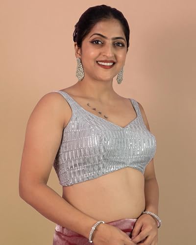 FIGURE'S DESIGNER Women's Sequin Embroidered Sweetheart Neck Sleeveless Readymade Saree Blouse E74