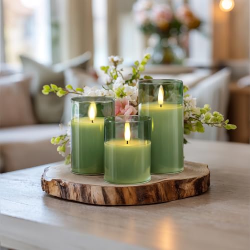 Image of Homemory Green Glass Flameless Candles, Battery Operated LED Pillar Candles with Remote Control and Timer, Radiance Candles, Real Wax, Set of 3,D3 xH4 5 inch 6 inch