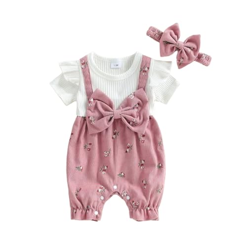Newborn Baby Girl Clothes 0 3 6 9 12 18 Months Cute Summer Outfits Floral Print Short Sleeve Romper One Piece Jumpsuit with Headband Infant Clothing Set (Pink 1-3 Months)