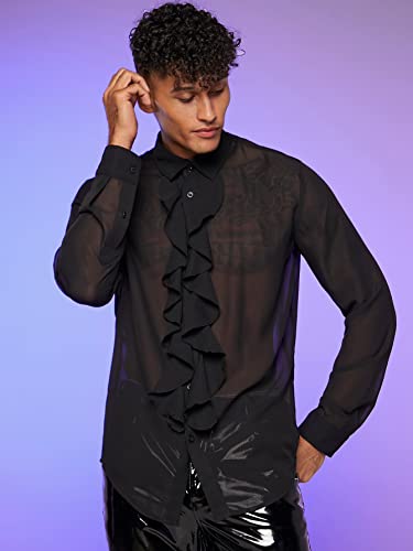 Verdusa Men's Long Sleeve Sheer Mesh Ruffle Trim Button Down Shirt Top4