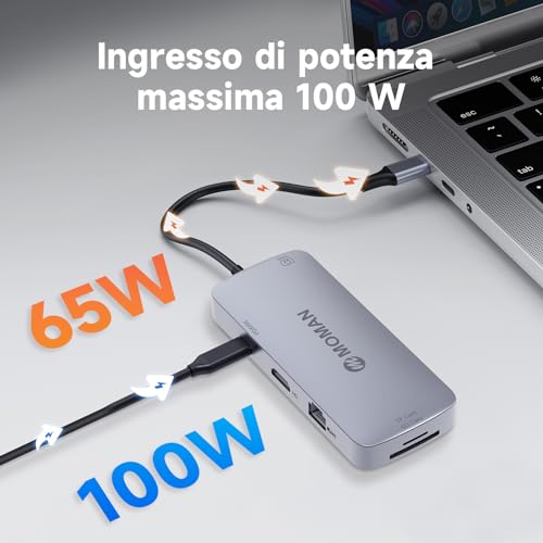 Moman Hub USB C, Docking Station 9 in 1 con 100W PD, 4K@30Hz HDMI, 3 x USB 3.0 5Gbps, Connettore da 3,5 mm, RJ45 Ethernet, Lettore di Schede SD/TF per Mouse, Tastiera, U Disk, Unità Flash, Cellulare - Immagine 5
