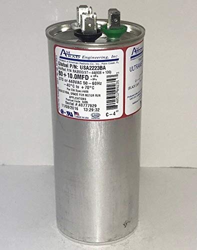 USA Made Replacement - 80 + 10 uf/Mfd Round Dual Universal Run Capacitor Replacement Amrad USA2223BA Replacement - Used for 370 or 440 VAC