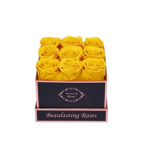 Beaulasting Roses Preserved Roses In A Box Real Eternity Roses That Last For Years Gift For Her Christmas Valentines Day Mothers Day(Square Black Box, 9 Yellow Roses) #TOP2