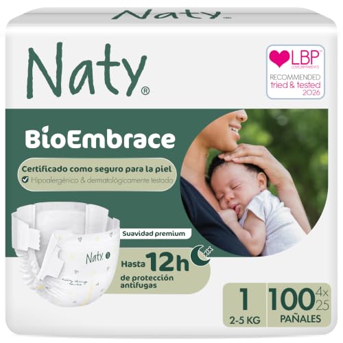 Naty BioEmbrace Pañales Recién Nacido, Talla 1 (2–5kg), 100 unidades