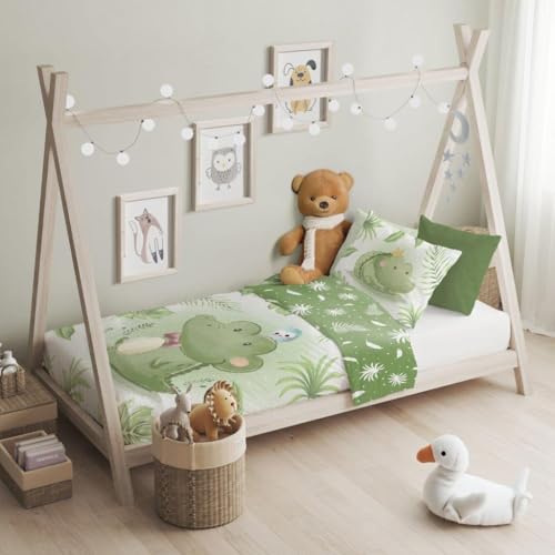 texpot Kinderbettwäsche Set 100 x 135 + 40 x 60 cm Krokodil Druckmotiv 100% Baumwolle Reißverschluss pflegeleicht