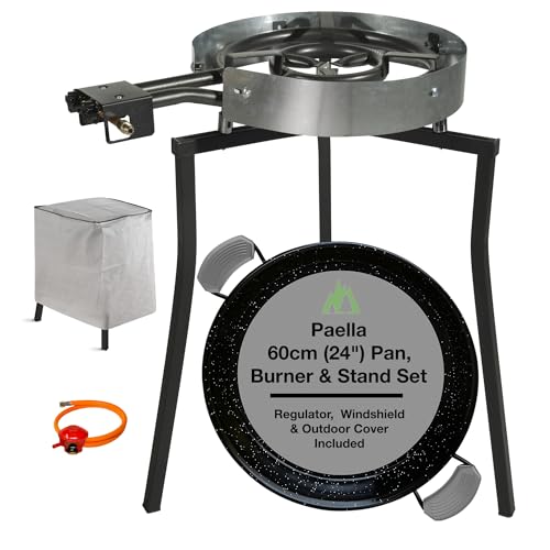 Camp&Fire Paella Cooking Set | 60cm (20 Servings) XL Enamelled Steel Paella Pan with Dual Gas Burner, Foldable Tripod Stand, Windshield, Hose, Regulator and Outdoor Cover Full Paella Set.