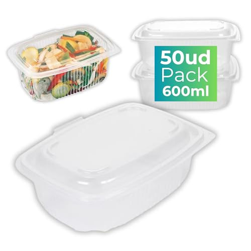 IAMI Pack 50 Fiambreras Reutilizables - 600 ml - 50 Envases Reutilizables PP con Tapa Bisagra - Apto para Microondas - 18,7 x 14,4 x 5,2 cm - Envases para alimentos 100% Recicables