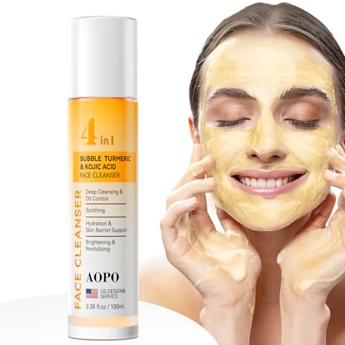 AOPO 4 in 1 Bubble Turmeric Face Wash - Turmeric Kojic Acid Foaming Face Cleanser - Exfoliation Deep Cleansing of Facial Skin - Suitable for Sensitive & Acne Skin - 3.38 fl.oz