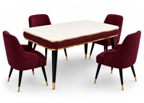 Image of WOODEN SPACE 4 Seater Wooden Dining Table Set | Urban Marble Top Dining Table with Chairs for Dining Room & Kitchen (Modern Zyro Maroon) (54 x 36 x 30 inch)
