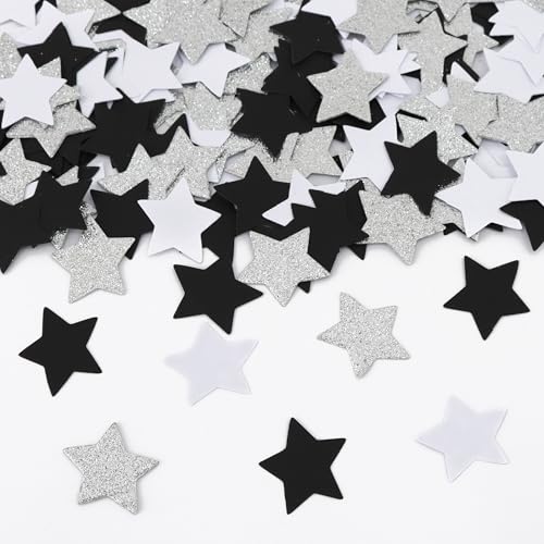 Image of 200Pcs Glitter Black White Silver Star Table confetti,Paper Star Confetti for Birthday Party Halloween Bachelorette Wedding Baby Shower Graduation Decorations