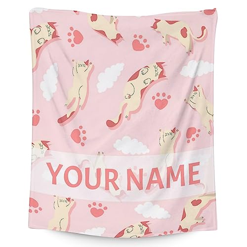 Personalized Cat Blanket Gifts with Name - 50"x60" Cute Throw for Kids & Adults - Pink Soft Fuzzy Blankets for Bed, Couch & Living Room