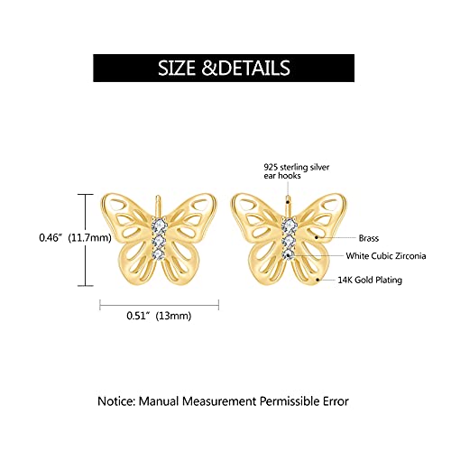 14K Gold Plated Butterfly Stud Earrings For Women Girls, Hollow-Carved Hypoallergenic Women's Studs Cubic Zirconia Sensitive Ears, L: 0.51 Inch, W: 0.46 Inch (B012152001) #TOP6