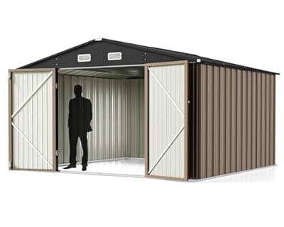 Greesum Metal Outdoor Storage Shed 10FT x 10FT, Steel Utility Tool Shed Storage House with Door & Lock, Metal Sheds Outdoor Storage for Backyard Garden Patio Lawn (10' x 10'), Brown