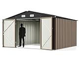 Greesum Outdoor Storage Shed 10FT x 10FT, Steel Utility Tool Shed Storage House with Door & Lock, Metal Sheds Outdoor Storage for Backyard Garden Patio Lawn, Brown