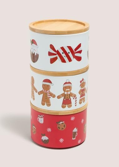 New Adorable Red Christmas Stackable Canisters With Airtight Wooden Lid Perfect For Store All Your Holiday Goodies, From Cookies And Candies To Tea & Coffee Any Kitchen Decor - T26