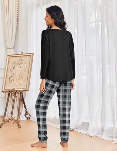 Ekouaer Womens Pajamas Set Jogger Lounge Sets Soft Pjs Long Sleeve Plaid Long Pant with Pockets3