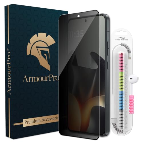 Image of ArmourPro Privacy Tempered Glass for Motorola Edge 70 Max, Anti Spy Anti Peeping Screen Protector, Edge-to-Edge Full Coverage, 9H Hardness with Cable Protector | Black