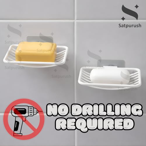 Image of Satpurush Adhesive Soap Holder for Bathroom Wall | Stickable Soap Stand No Drill | Self Adhesive Soap Dish for Tiles | Plastic Soap Case with Drain Tray | Bathroom Organizer. (2)