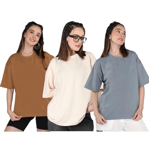 Image of CHKOKKO Oversized T-Shirt for Women Cotton Blend Soft Loose Fit Tshirt Top for Summer Half Sleeves Drop Shoulder Trendy Stylish Solid for Casual Streetwear, Outings or Travel