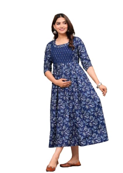 Women’s Cotton Floral Printed Maternity Dress | Feeding Kurti with Concealed Zippers | Pregnancy & Nursing Wear Ethnic Midi Dress | Round Neck, 3/4 Sleeves-image-21