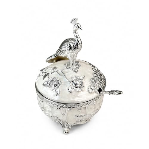 Image of Diviniti Silver Plated Peacock Sugar Pot with Lid | Decorative Storage Jar for Sugar, Mouth Fresheners & Dry Snacks | Luxury Home Decor Item for Dining Table, Kitchen & Gifting (White)