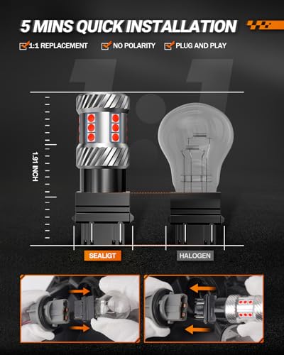 Image of SEALIGHT 3157 LED Bulb Brake Light, 1000% Brighter 3156 LED Bulb Red Super Bright 3056 3057 3047 4057 Bulbs with HD Projector Len, Tail Brake Stop Lights Taillights for Cars, Brilliant Red 2PCS