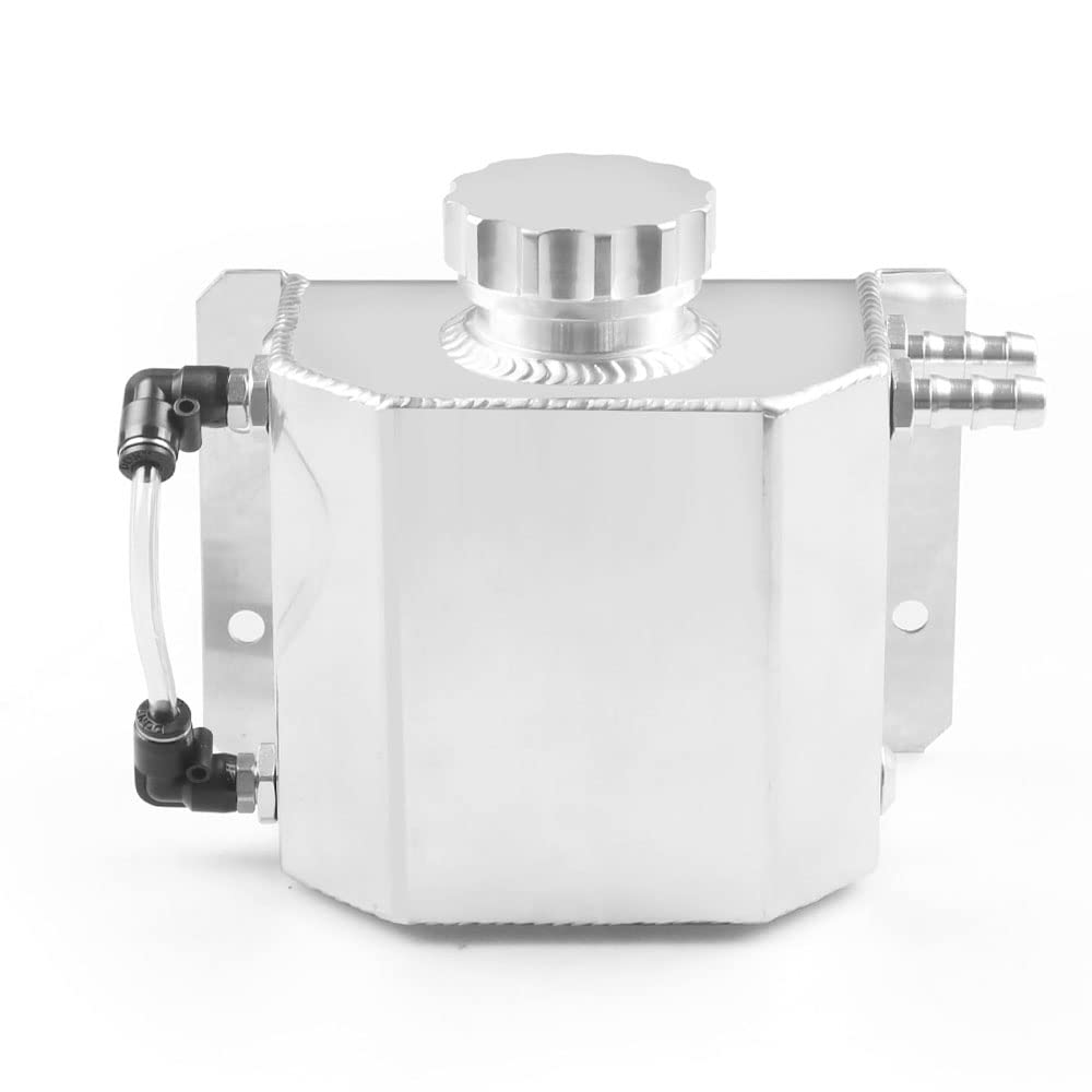 Depósito de aluminio para recogida de aceite de 1 litro con tapón de drenaje y respiradero. Accesorios universales para depósitos de combustible y aceite. (Plata)