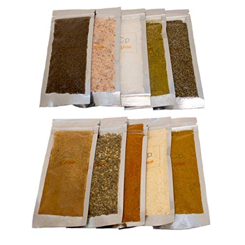 Cpise 10 Organic Salt, Pepper Seasoning Essential Spice Set: Him Pink Salt, Med OR Sonoma Salt, Smoked Salt, Black & Lemon Pepper, Chili Powder, Cinnamon Sugar, Curry, Garlic Herb Blend, Italian