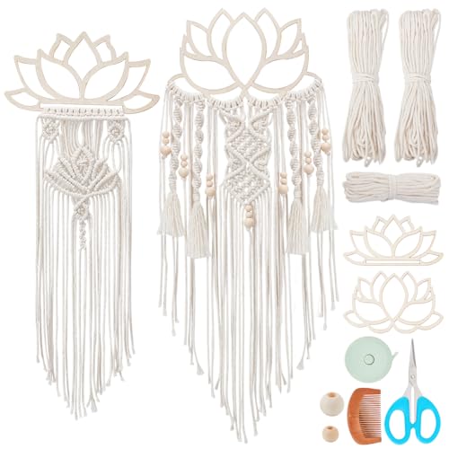 FREEBLOSS 2 Set DIY Macrame Lotus Wall Hanging Kit Macrame Tapestry Wall Hanging with Macrame Frame Lotus Wall Hanging Decor for Living Room Macrame Kit for Beginner with Instruction