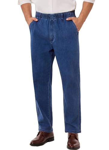 voeeron Pull On Elastic Waist Jeans for Men Full Elastic Waistband Loose Fit Denim Pants Easy Wear for Seniors