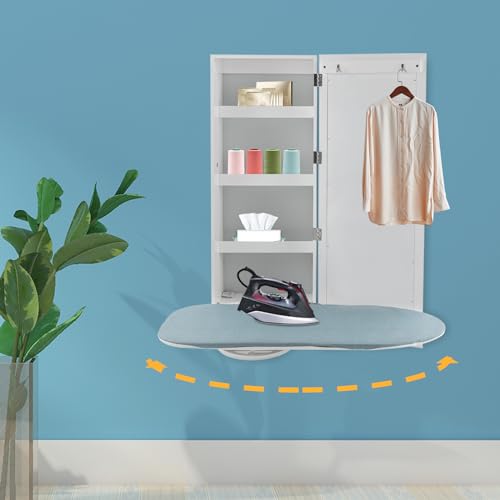 Wall Mount Ironing Board Cabinet with Built in Swivel Ironing Board Foldable with Mirror & Storage Shelf Wall Mounted Ironing Board for Home Bedroom White