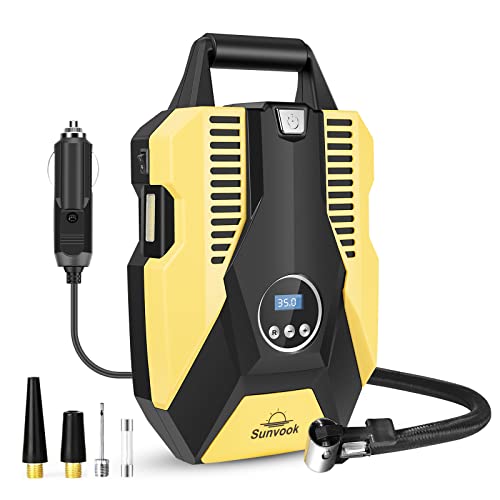 Tire Inflator Portable Air Compressor, Auto Digital Tire Air Pump with Emergency LED Light 12V DC, Long Cable for Car Tire, Bike Tire Motorcycle Tire, balls and Other Inflatables (yellow)
