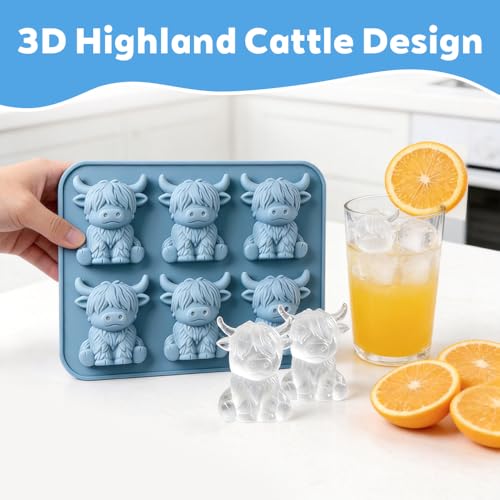Mini Highland Cow Ice Cube Tray, 3D Highland Cow Ice Cube Mold, Cute Highland Cow Silicone Ice Cube Tray, Silicone Animal Ice Cube Tray for Candy, Jelly, Chocolate, Homemade Treats (Blue+Pink) - Image 5
