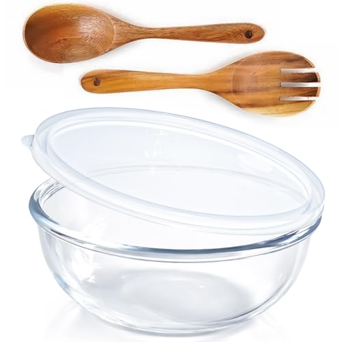 Ronanemon 6.2Quart Large Glass Bowls with Lid,Thickened 12Inch Clear Glass Salad Cooking Bowls for Kitchen Salad Bread Storage, For Prepping, Marinating & Mixing Brining Kimch