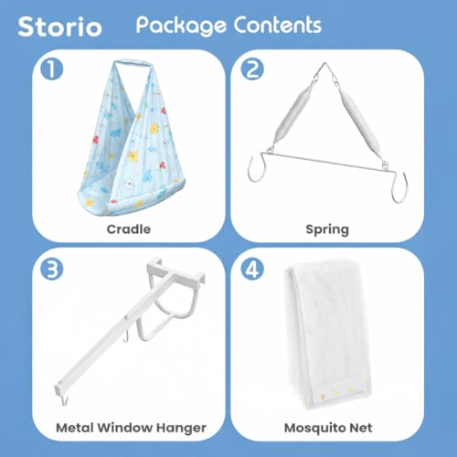 Image of Storio Baby Window Swing for Newborn (0-12 Months) | Hanging Baby Jhula with Mosquito Net, Spring & Metal Window Hanger | Polycotton Palna Thottil | Indoor Window Cradle Sleeping Set - Blue
