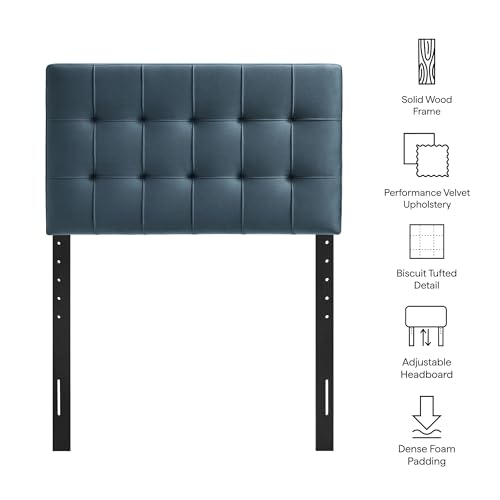 Image of Modway Lily Twin Size Stain-Resistant Performance Velvet Headboard in Cadet Blue - Velvet Upholstery with Button Tufting and 4 Adjustable Height Positions