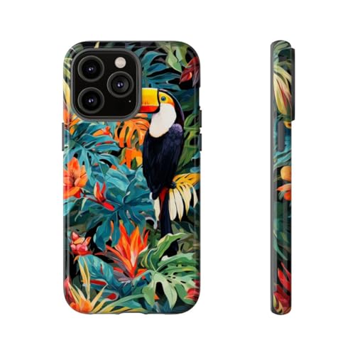Coque iPhone 14 Pro Max vert toucan tropical finition rigide brillante haut de gamme et ajustée