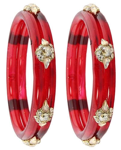 Image of NMII Diamond Glass Bangles Crystal Kada Set For Women & Girls Adorned with Golden Zircon Stones | Trending Girls Bangles Bracelet | Transparent Chudi Kangan For Wedding, Party, Daily, Ethnic- Set of 2