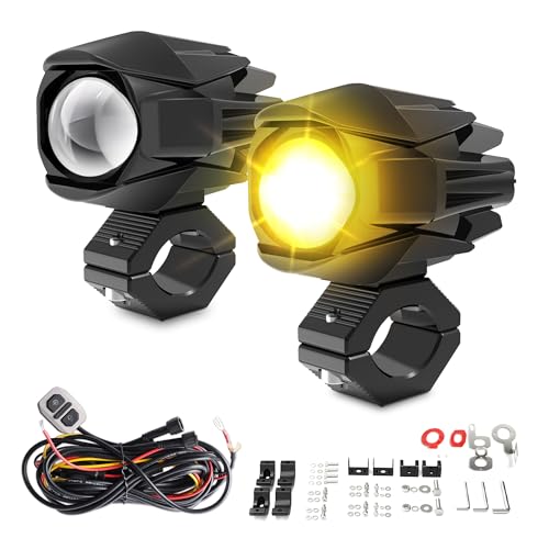 Jumpdy Motorcycle Auxiliary LED Light Kit Driving Spotlights, White/Amber 7 Modes Dual-Color Strobe Mount Brackets Wire Harness Waterproof Offroad Work Lights, Compatible for Motorcycle SUV ATV Truck